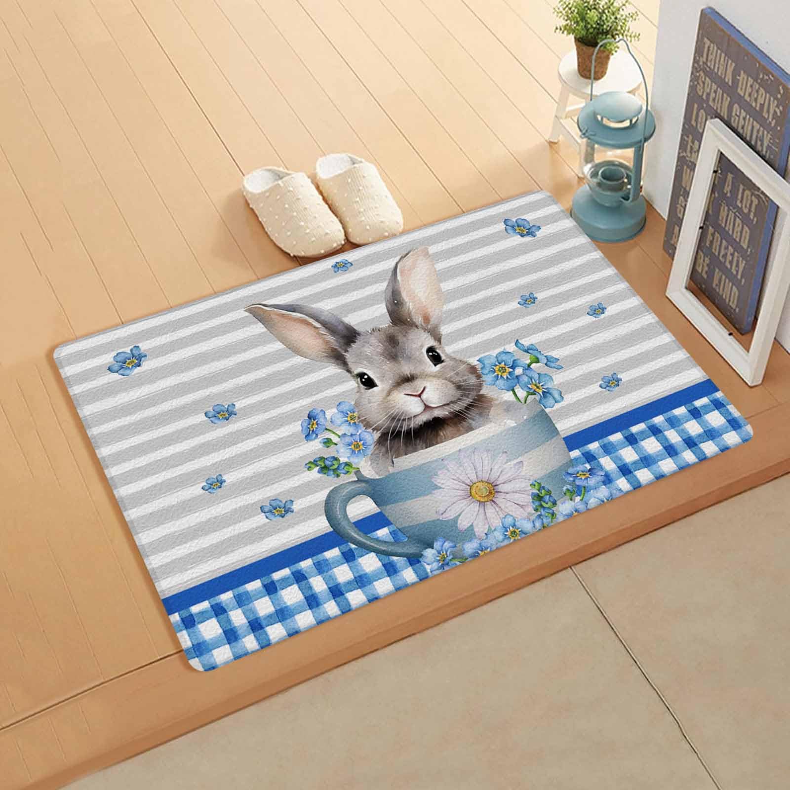Easter Rabbit Kitchen Bath Door Mat Cushioned Runner Rug,Washable Welcome Floor Sink Antifatigue Mat,Waterproof & Non-Slip Comfort Standing Doormat,Blue Flower Grey White Stripes Retro Lattice 18