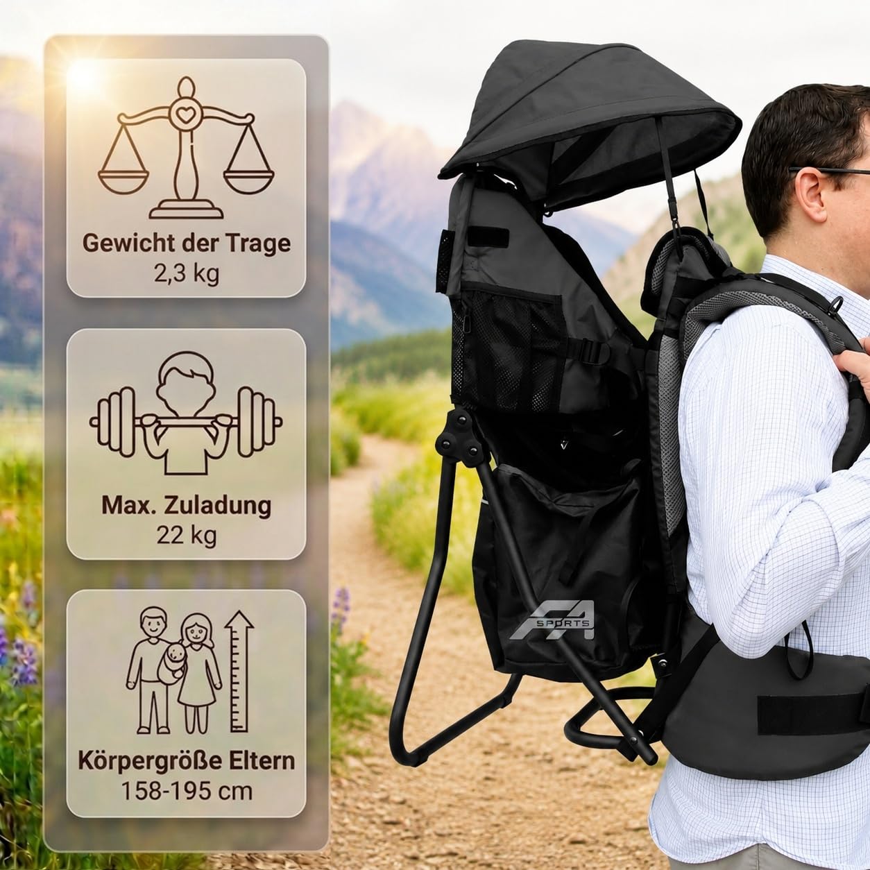 Lil' Boss Kinder Rückentrage Wandern, FASports Kindertrage 20kg bis 25kg, ergonomische Kindertrage Rucksack mit Regen- und Sonnendach, Kinderkraxe Kleinkind Schwarz-Grau, 50 x 38 x 90 cm