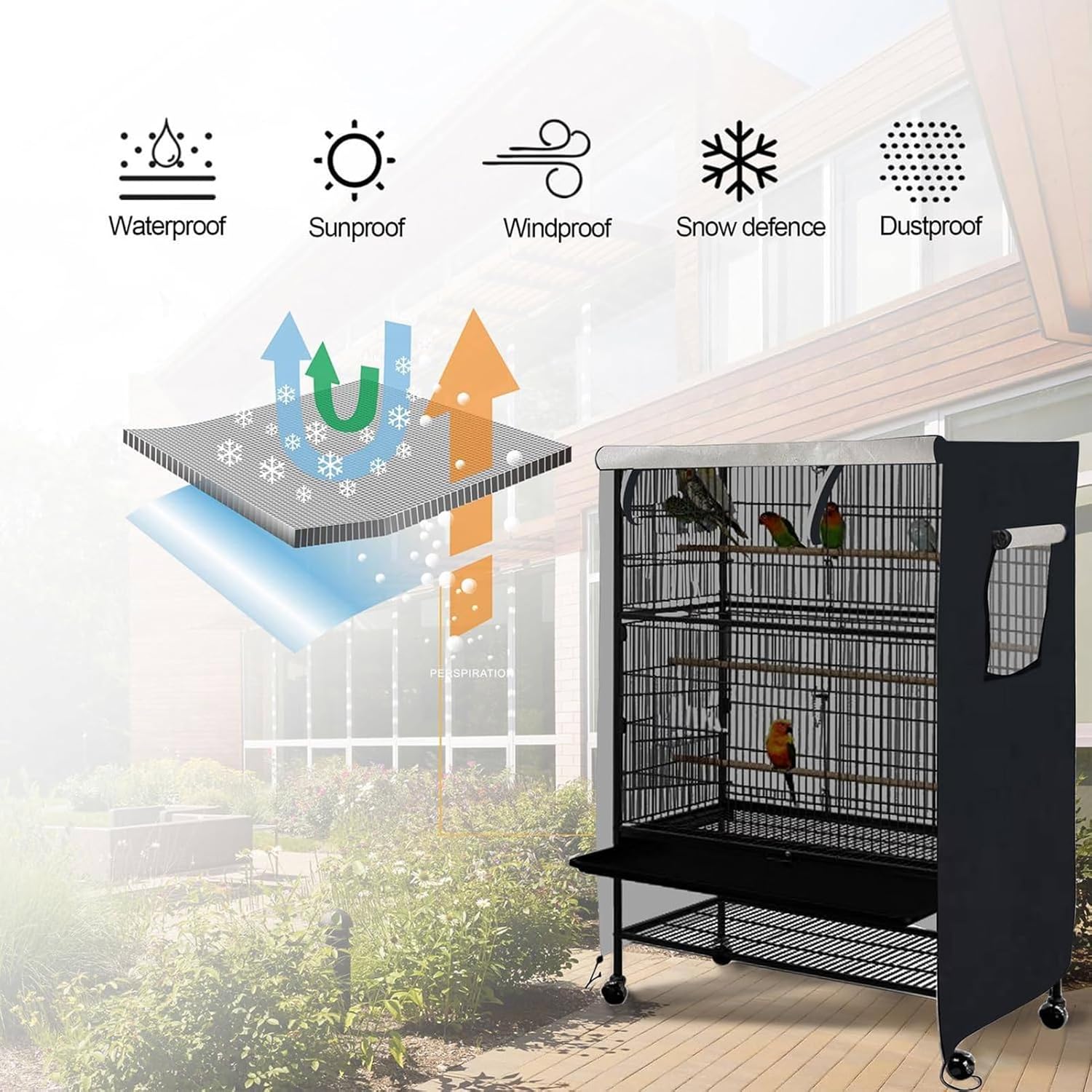 Large Bird Cage Cover, Waterproof Parrot Cage Protector Covers, 420D Oxford Cloth, Windproof, Outdoor Patio Birdcage Cover Good Night Blackout (Black,38 x 23 x 51 inch)
