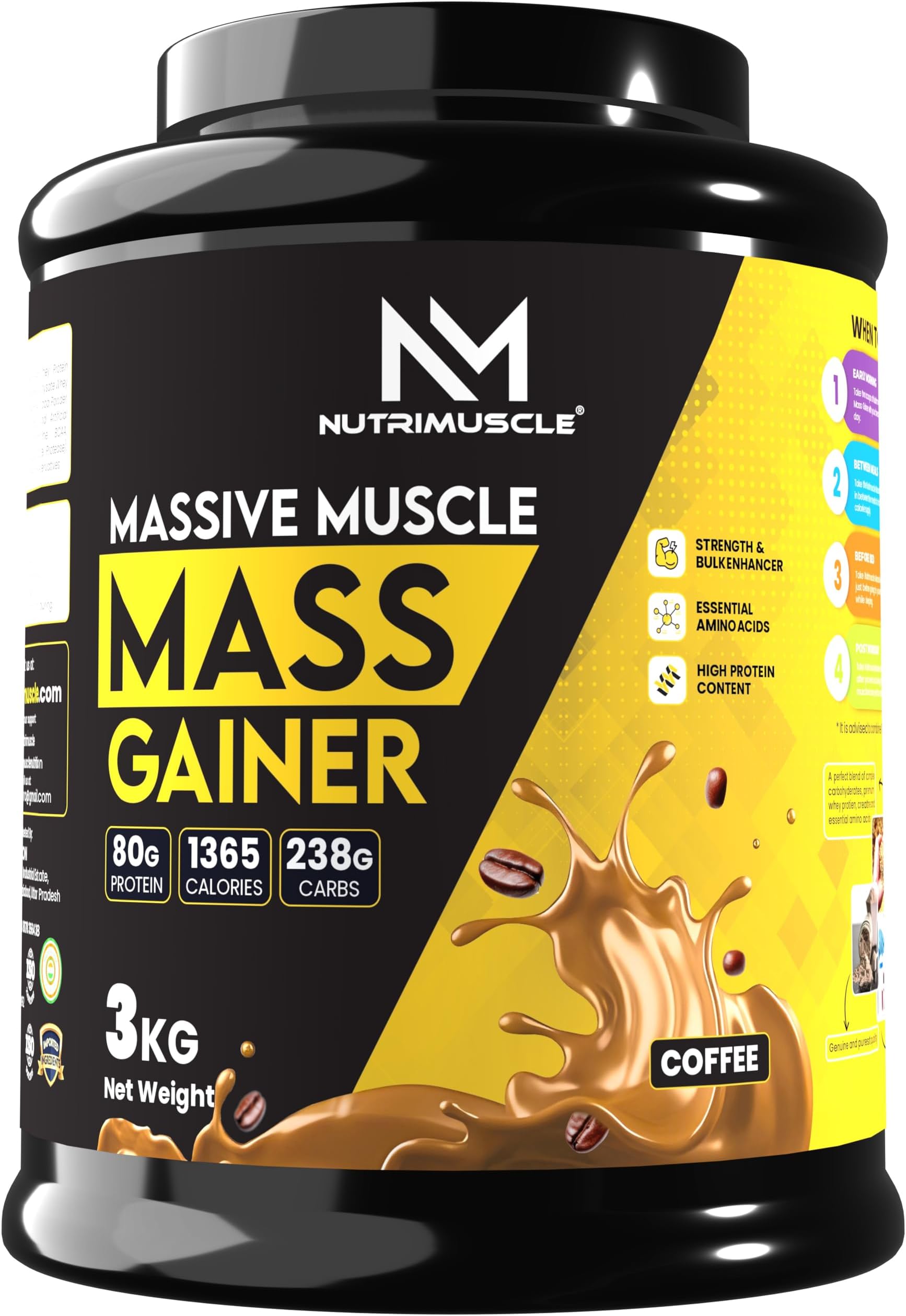 Massive Muscle Mass Gainer - 3 Kgs - Coffee Flavour For Muscle & Mass Gain - Contains Complex Carbohydrates, Creatine & Protein