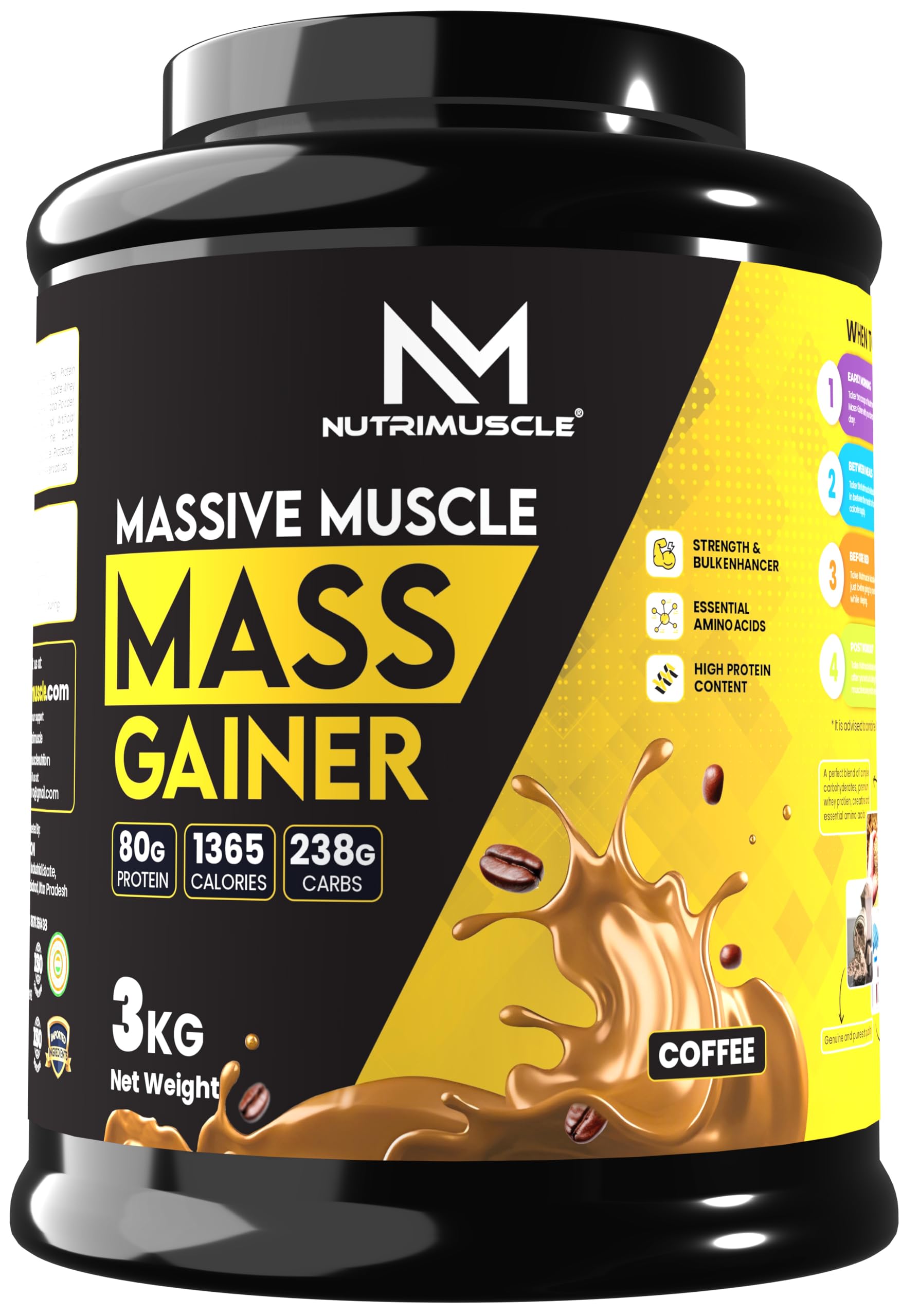 Massive Muscle Mass Gainer - 3 Kgs - Coffee Flavour For Muscle & Mass Gain - Contains Complex Carbohydrates, Creatine & Protein