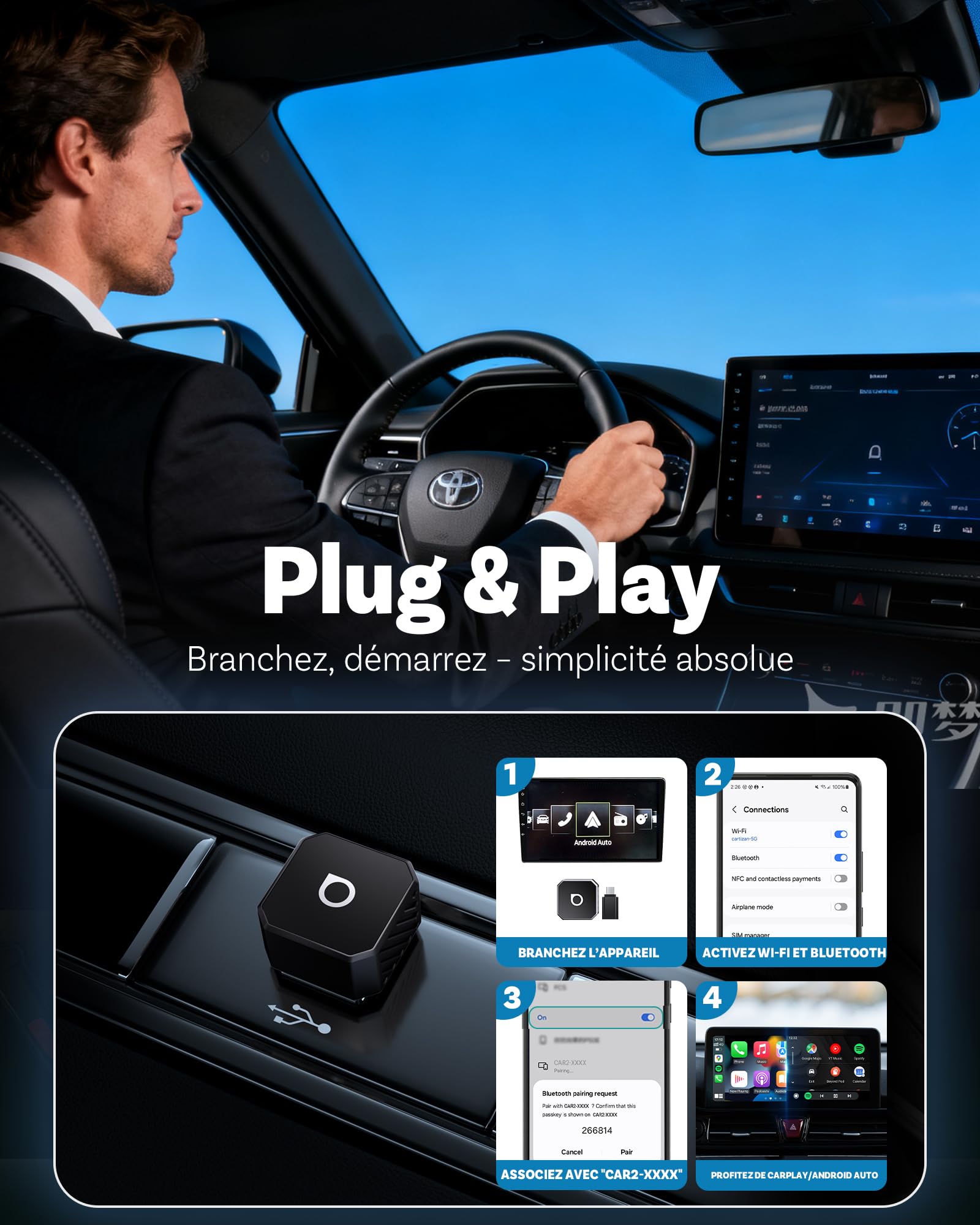 OTTOCAST Mini Pot, Adaptateur CarPlay & Android Auto sans Fil 2026 Upgrade, Plug & Play, WLAN 2.4G+5G, Reconnexion Automatique, Compatible avec Voitures après 2016 avec CarPlay/Android Auto Filaire