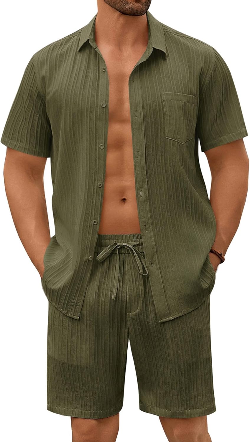 COOFANDY Mens Beach Outfits 2 Piece Sets Casual Short Sleeve Button Down Summer Textured Shirt