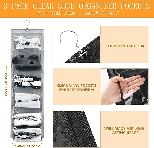 Miniatura 2 de Barydat Organizador de zapatos colgante de doble cara de 3 piezas, 12 bolsillos transparentes, soporte de malla para colgar zapatos con colgador