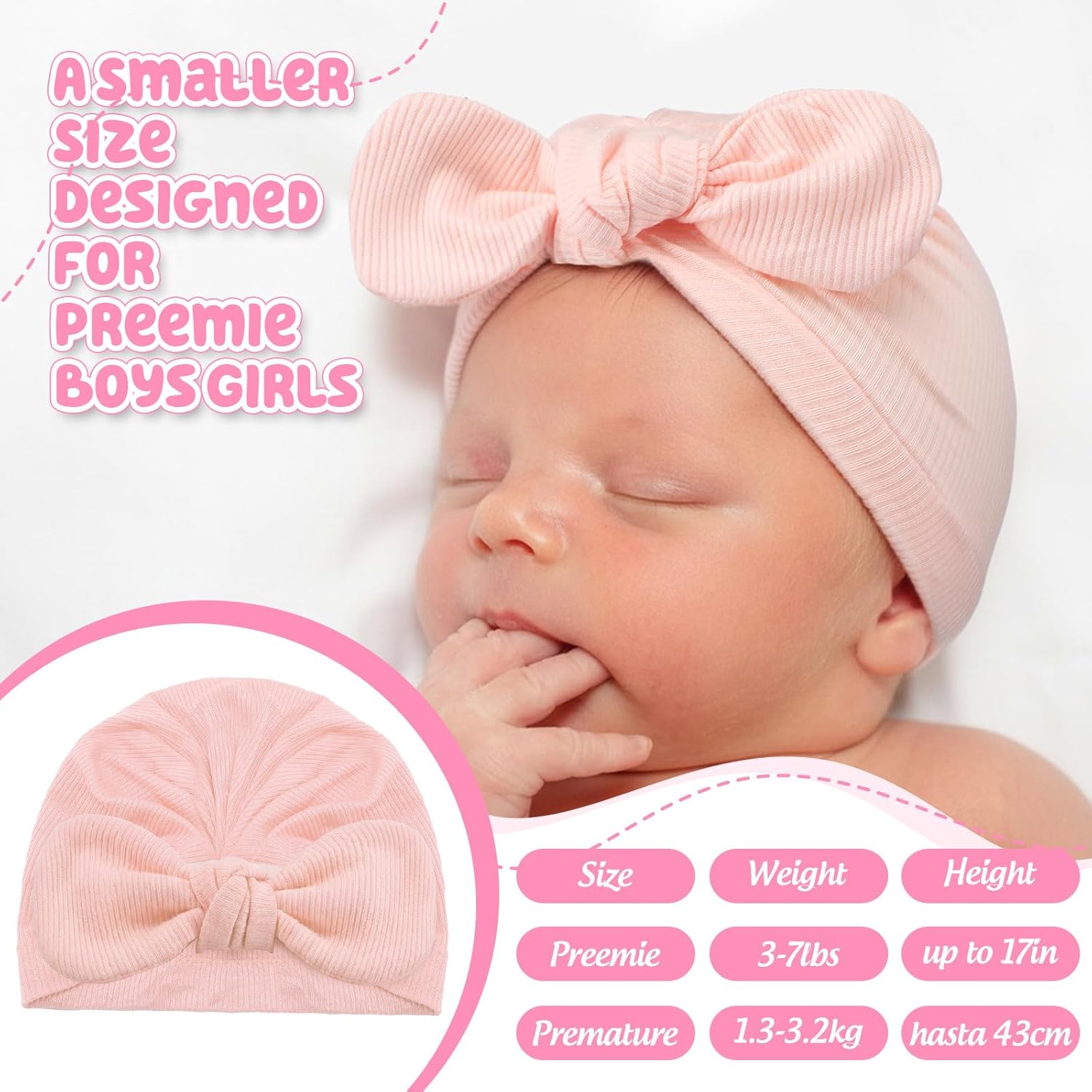 10 Pcs Preemie Hats Cotton Preemie Caps Bows Turban Premature Baby Boys Girls Hospital NICU Hat