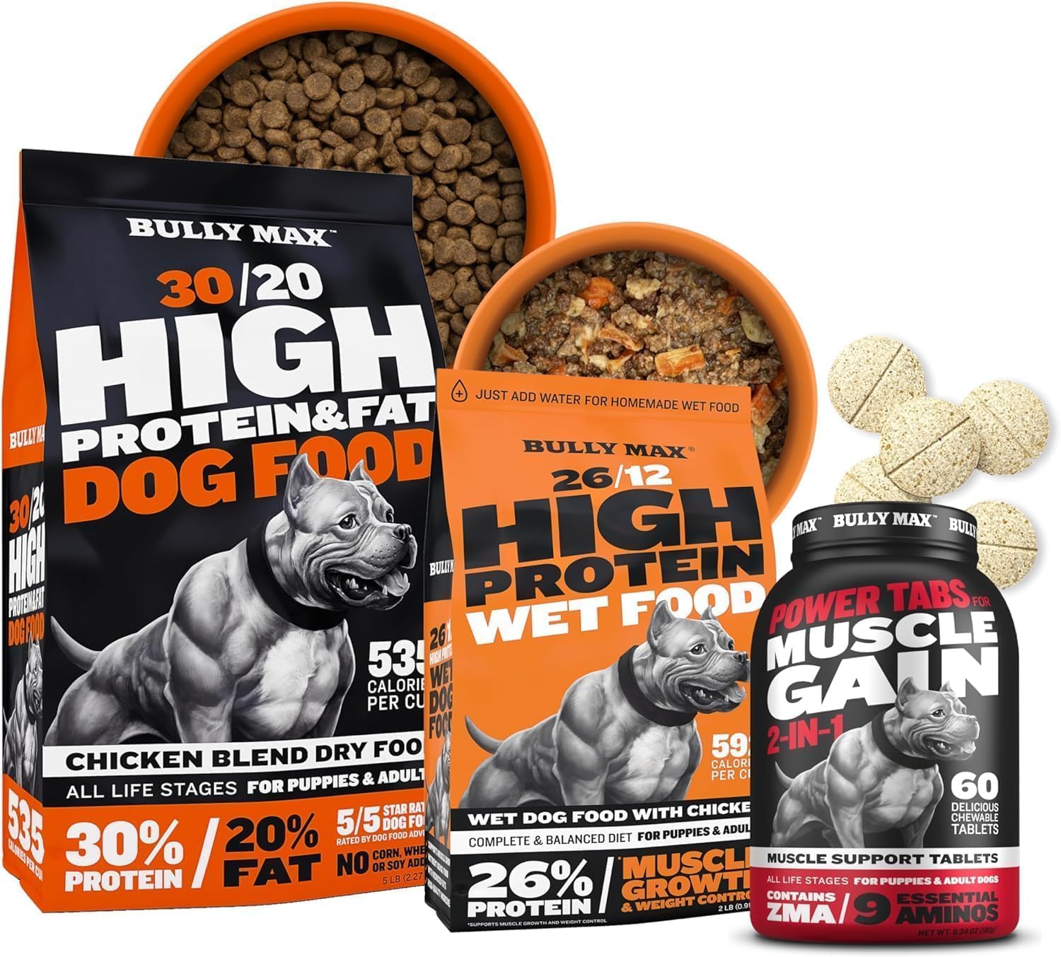 Bully Max High Protein Dry Dog Food (15lbs. Bag) & Dehydrated Dog Food (2 Dry lbs. Makes 5.5 lbs. Wet Food) & Muscle Builder Tablets (60 tabs) – Muscle Growth Support Bundle for Puppies & Adults