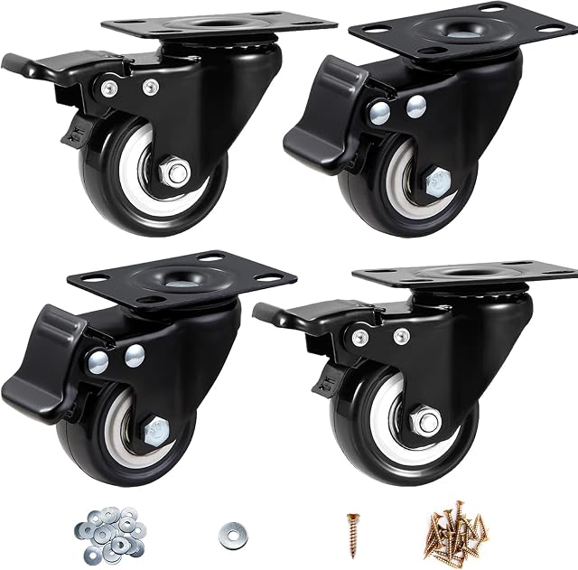 Castor Wheels, 50mm Castors, Swivel Castors with Brake (Plate) - ASRINIEY Caster Wheels Set of 4, Heavy Duty Casters and Wheels for Furniture, Non Marking Black Polyurethane Trolley Wheels