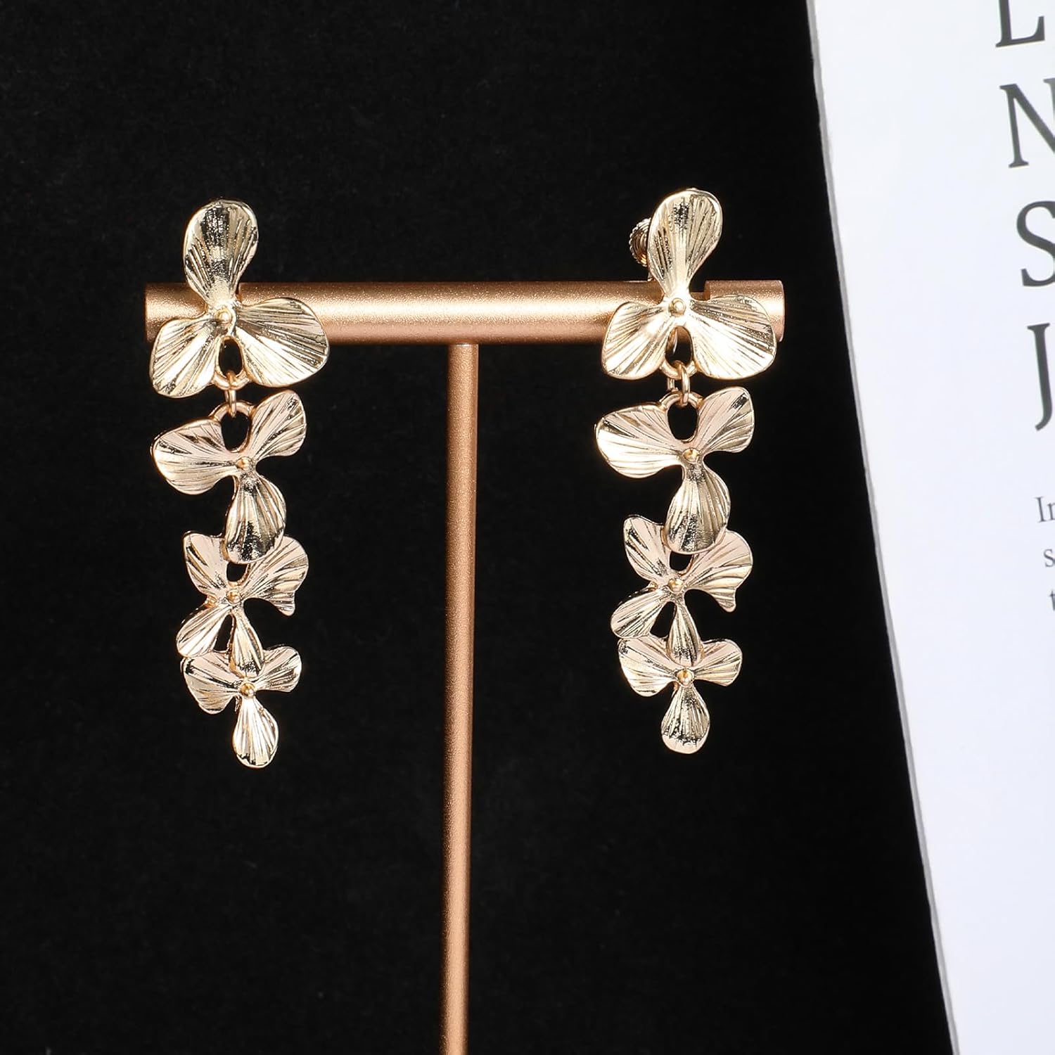 Gold Clip On Earrings for Women, Long Flower Dangle Earrings, Gold Floral Statement Clip On Earring No Piercing Jewelry - Image 7