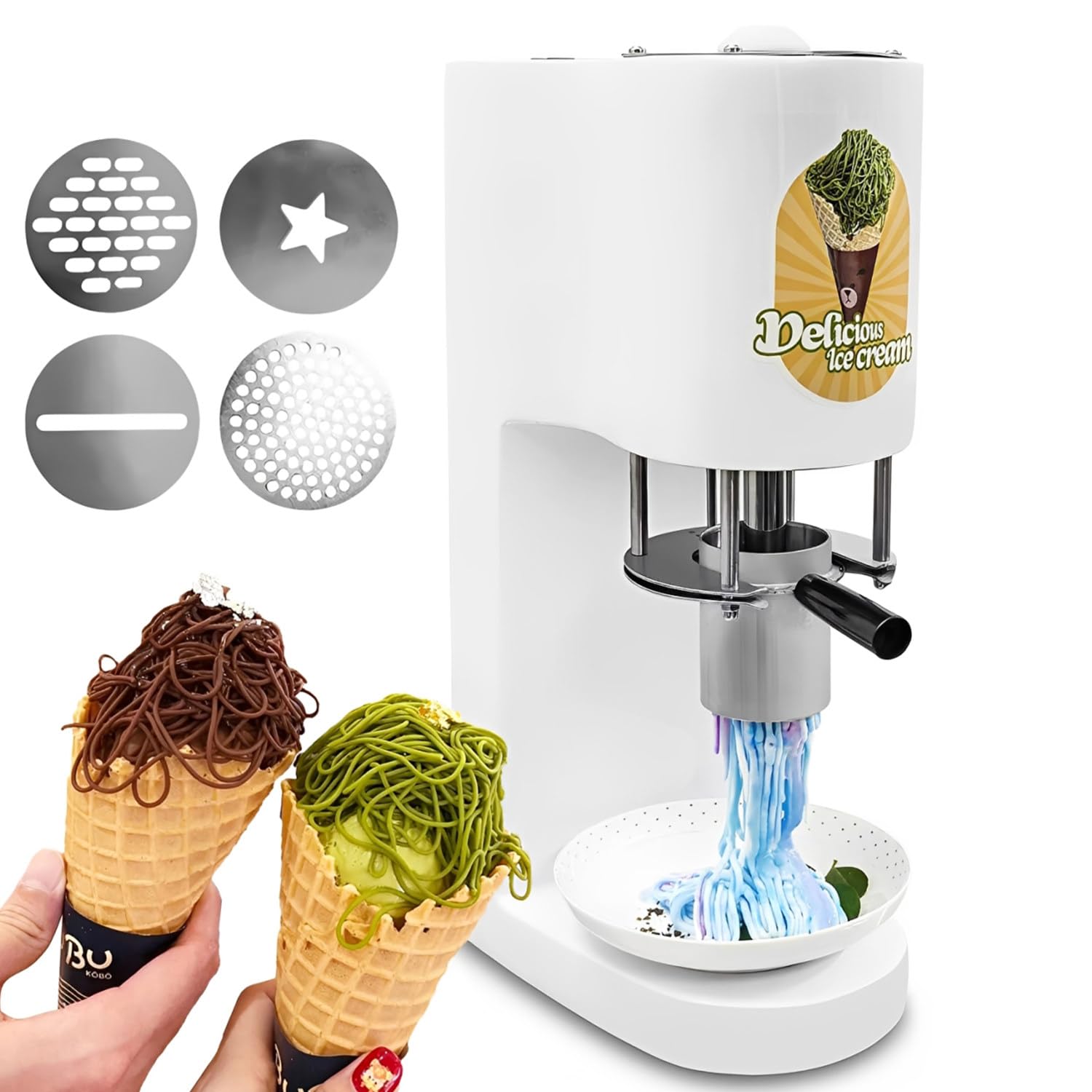 Macchina per Gelato a Spaghetti, Gelatiera Elettrica con 4 Stampi Intercambiabili, Pressa Gelato da Banco per Dessert, Ice Cream Maker per Gelateria Pasticceria Bar Food Truck Estrusione Gelato White