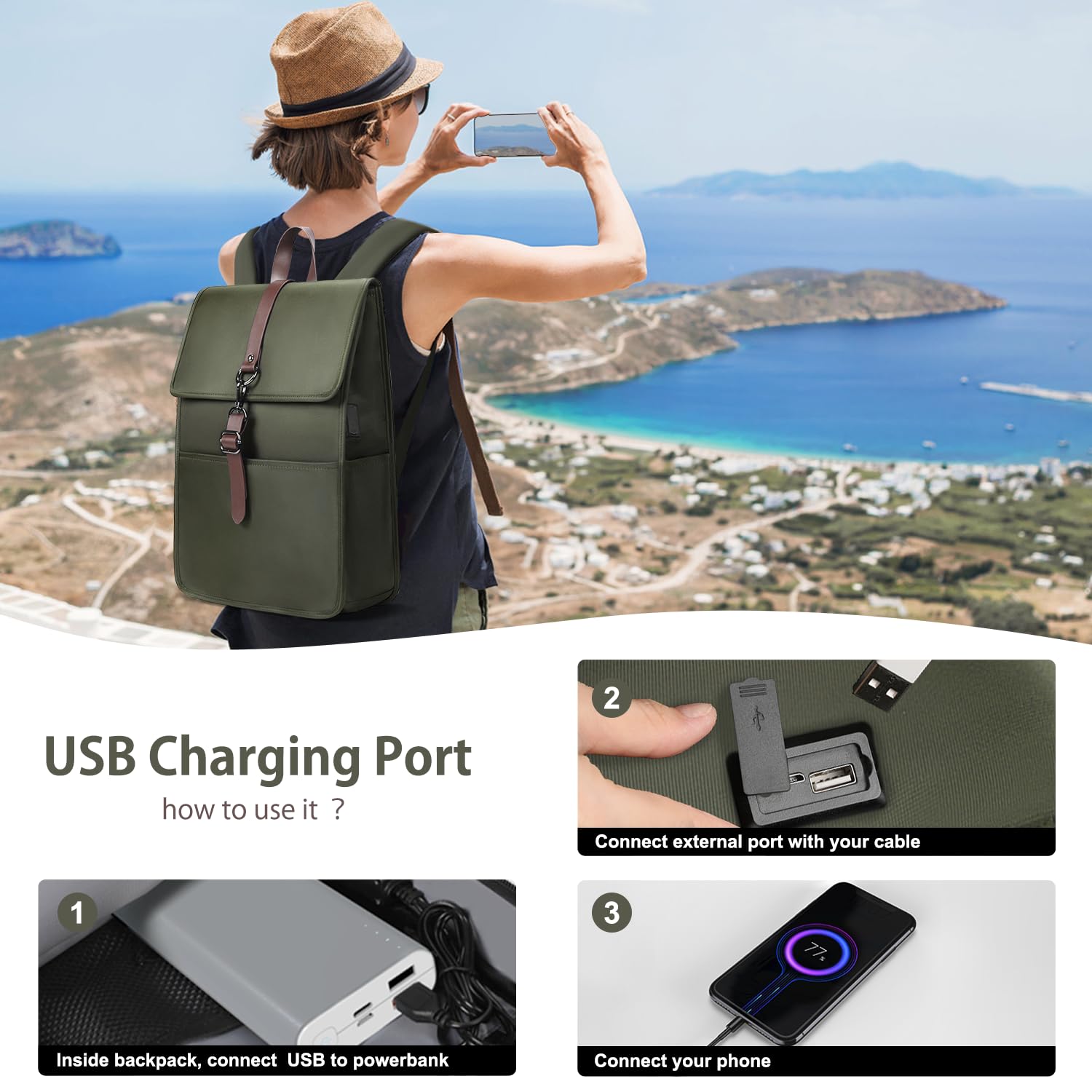 Zaino Porta PC Uomo Donna, Leggero Sottile Zaino Laptop | Computer Portatile 15,6 Pollici con porta USB Impermeabile Zaino Casual per Uffico Università Scuola Viaggio Business, Verde