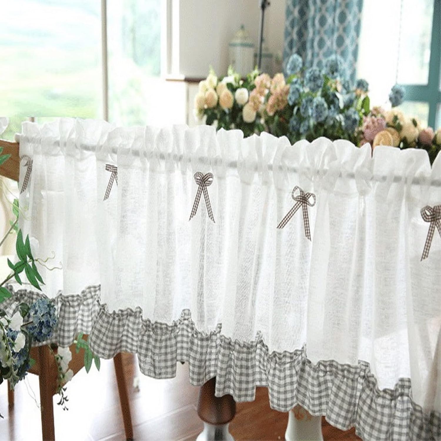 Short Curtain Transparent Sheer Voile Curtain with Grey Check Plaid Ruffles Bow Window Treatment Valance Panel Drapes Half Curtain for Kitchen Café Bedroom Cabinet Curtain Door Curtain