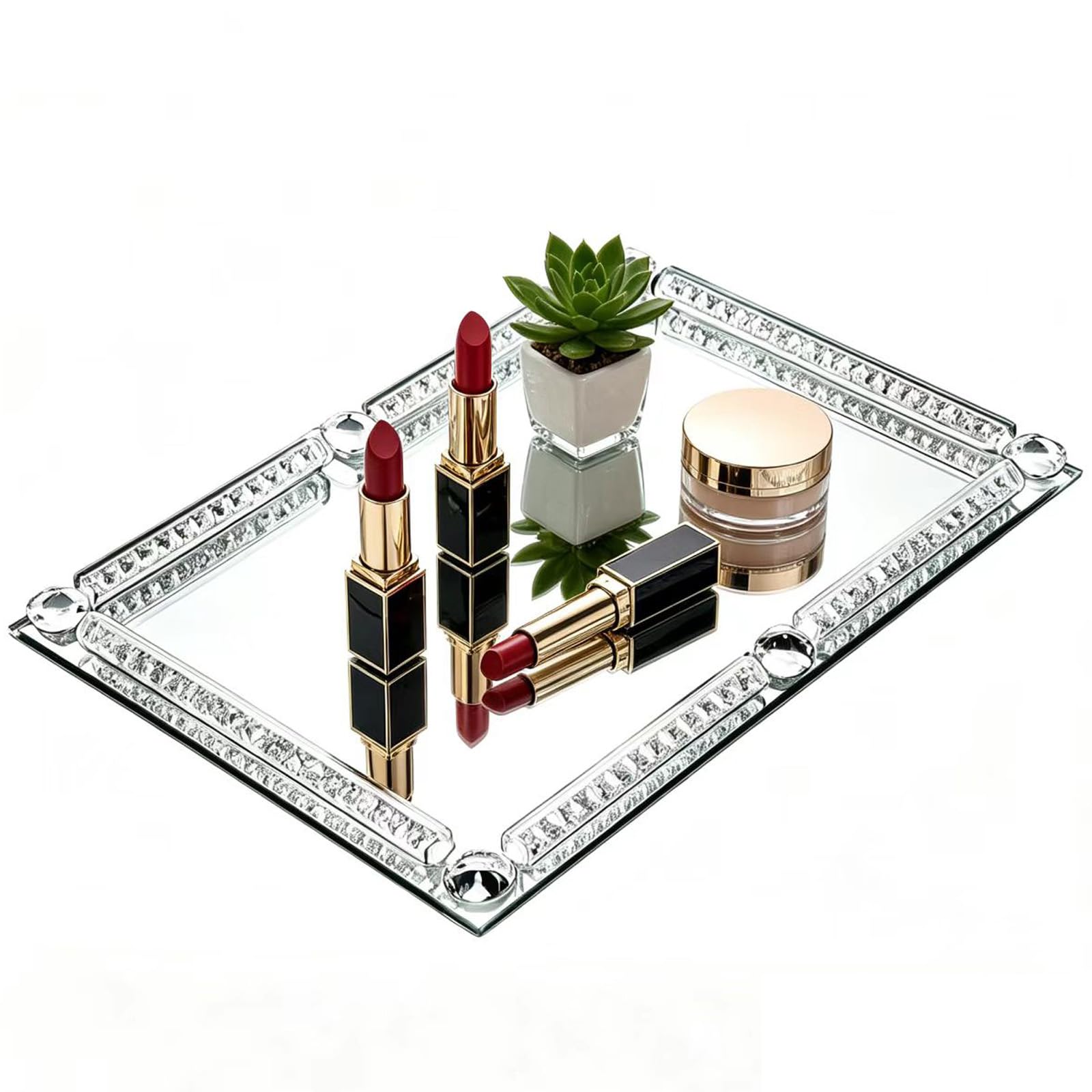 Plateau de parfum en cristal miroir argenté et verre écrasé pour maquillage et bijoux