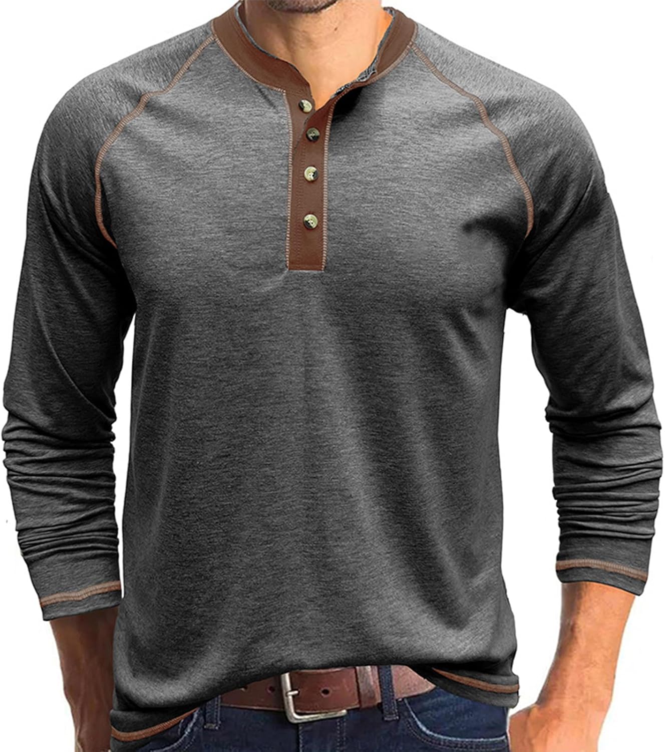Mens Henley Shirts Long Sleeve Casual Button T-Shirts Cotton Basic Tee Shirts Slim Fit Raglan Sleeve Vintage T Shirts - Image 2