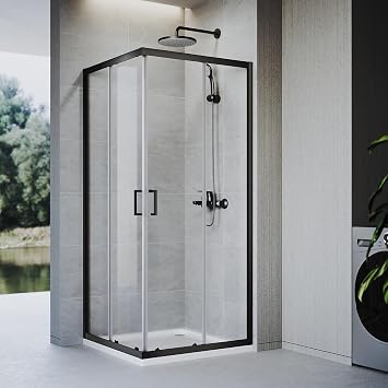 760 x 760mm Black Square Sliding Corner Entry Shower Enclosure Double Sliding Shower Doors 6mm Safety Clear Tempered Glass Reversible for Wet Room Bathroom Shower Cubicle