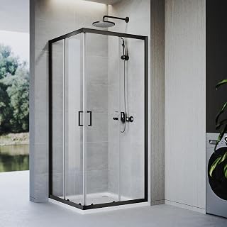700 x 700mm Black Square Sliding Corner Entry Shower Enclosure Double Sliding Shower Doors 6mm Safety Clear Tempered Glass Reversible for Wet Room Bathroom Shower Cubicle