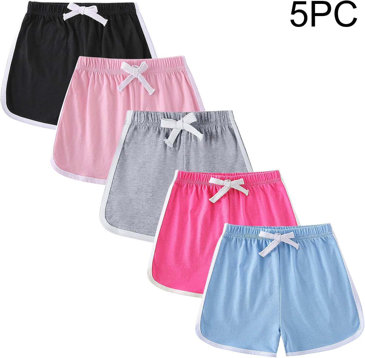 Girls Summer Cotton Dophin Shorts 5-Pack Comfy Elastic Waist Loose Colorblock Boys Running Shorts for Toddler 1-11 Years