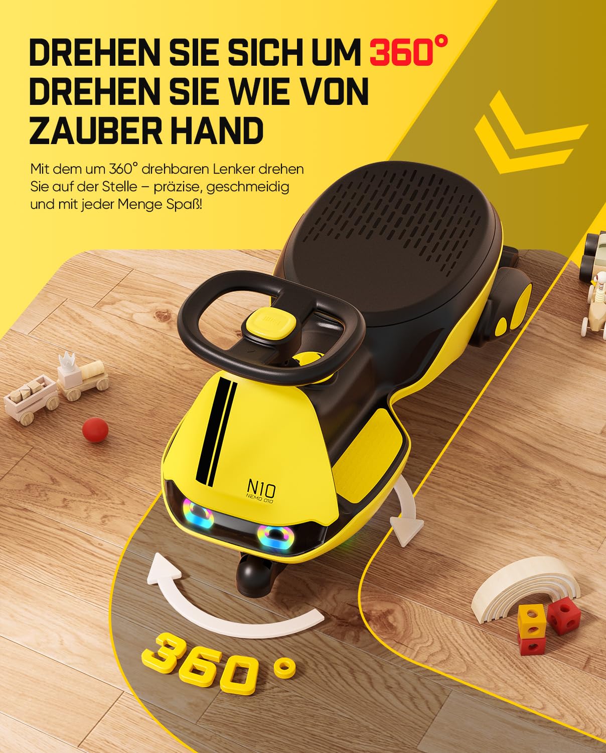 FanttikRide N10 Classic Elektroauto für Kinder ab 3 Jahren, Gelb | Kinderauto elektrisch mit Pedal & USB-C-Akku, Ein-Klick-Wischmopp, GlideWiz, Kippschutz, blinkende Räder, Bluetooth, bis 68kg