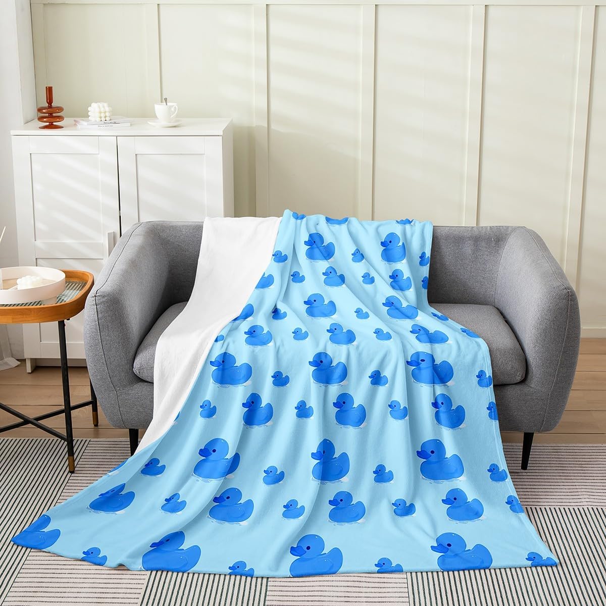 Cute Duck Kids Flannel Blanket,Cartoon Animals Fleece Blanket for Teens Girls Boys Adult Room Decor,Rustic Farm Duck Blankets Funny Blue Soft Sherpa Blanket,for Chair/Sofa,90"×90"