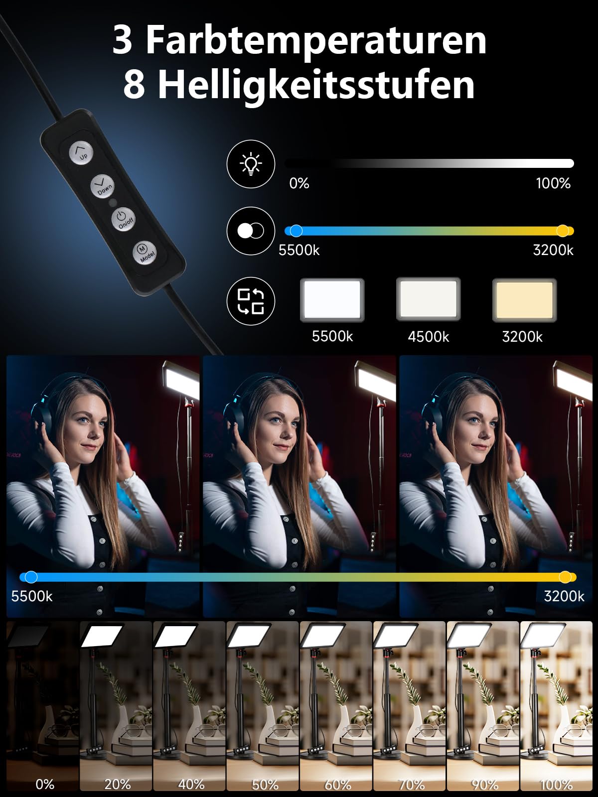 Rollei Lumis Key-Light, LED Videolicht inkl. Tischstativ mit Fernbedienung am Kabel zum Ausleuchten von Video-Streams und Konferenzen 28555 schwarz
