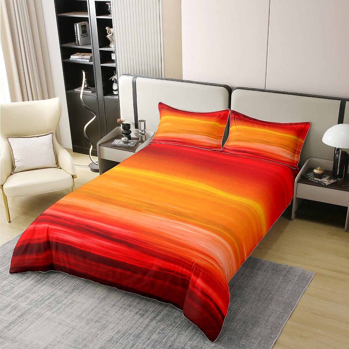 Loussiesd Orange Rot Druck Betten Set Farbverlauf Orange Bettwäsche Set 135x200cm 100% Baumwolle Romantisches Farb Bettbezug Set für Kinder Jungen Mädchen Gelb Dunkelrot Raumdeko