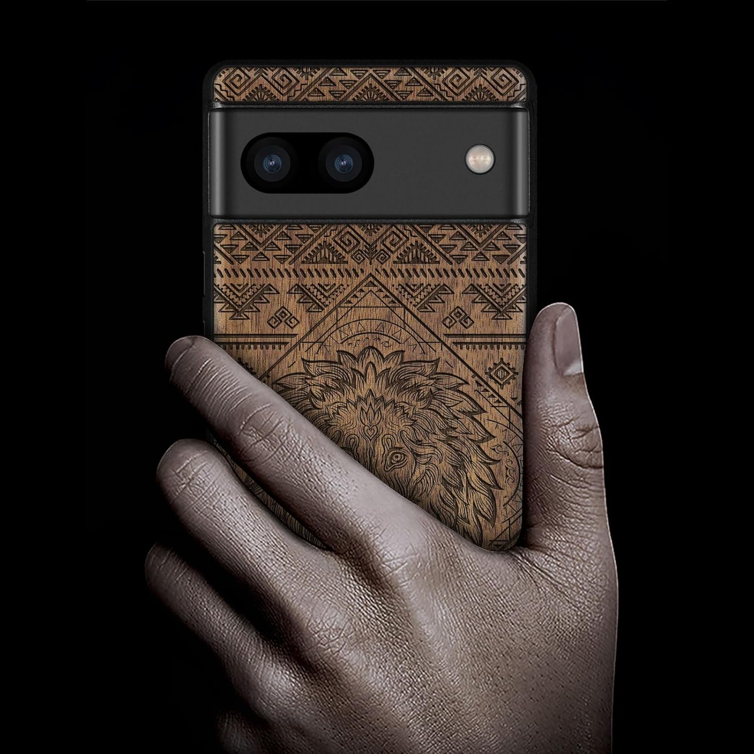 Carveit Wood Case for Pixel 7a Case [Natural Wood & Black Soft TPU] Shockproof Protective Cover Unique Wooden Phone Case Compatible with Google Pixel 7a (Filigree Lion-Walnut)