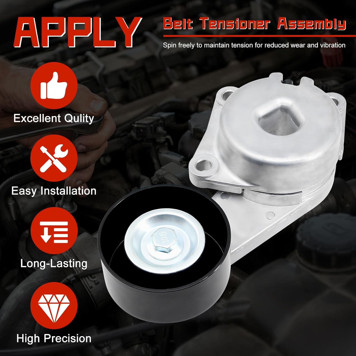 Belt Tensioner Assembly with Pulley, Compatible with Lincoln Mark LT ＆ Ford F-150 F-250 Super Duty F-350 Super Duty Explorer Expedition Mustang E-150 Econoline, Replace# 1L2E6B209AA