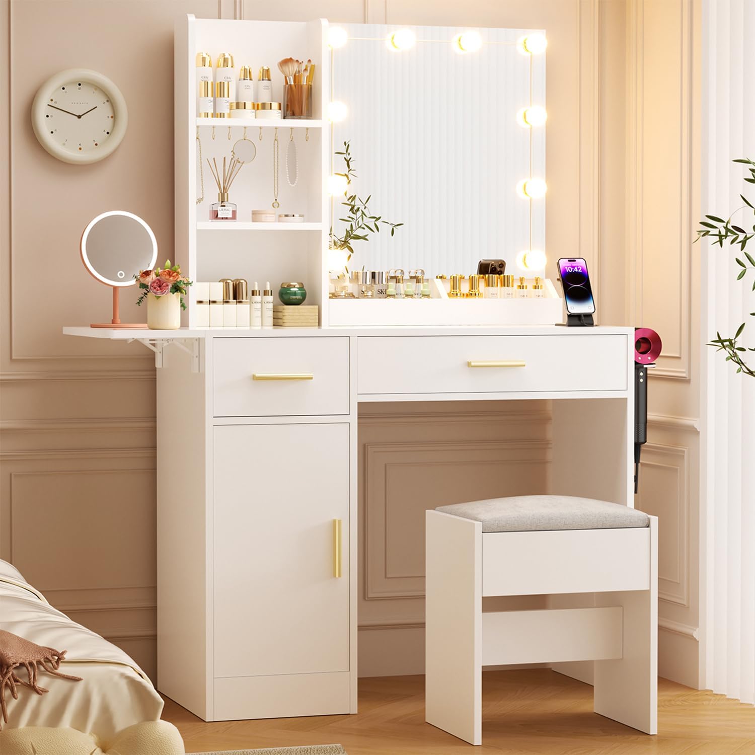 ERLEJIA Vanity Desk with Mirror and Lights, Foldable Desk, and Stool in a bedroom setting.