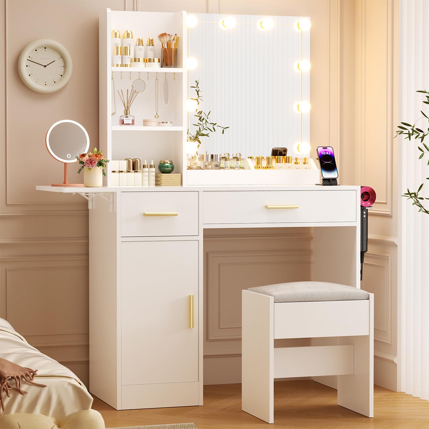 vanity desk with mirror and lights amp extral foldable desk 354334-43334 makeup vanity table with stool and plug strip 5 drawers and open shelves dressing table for bedroom white