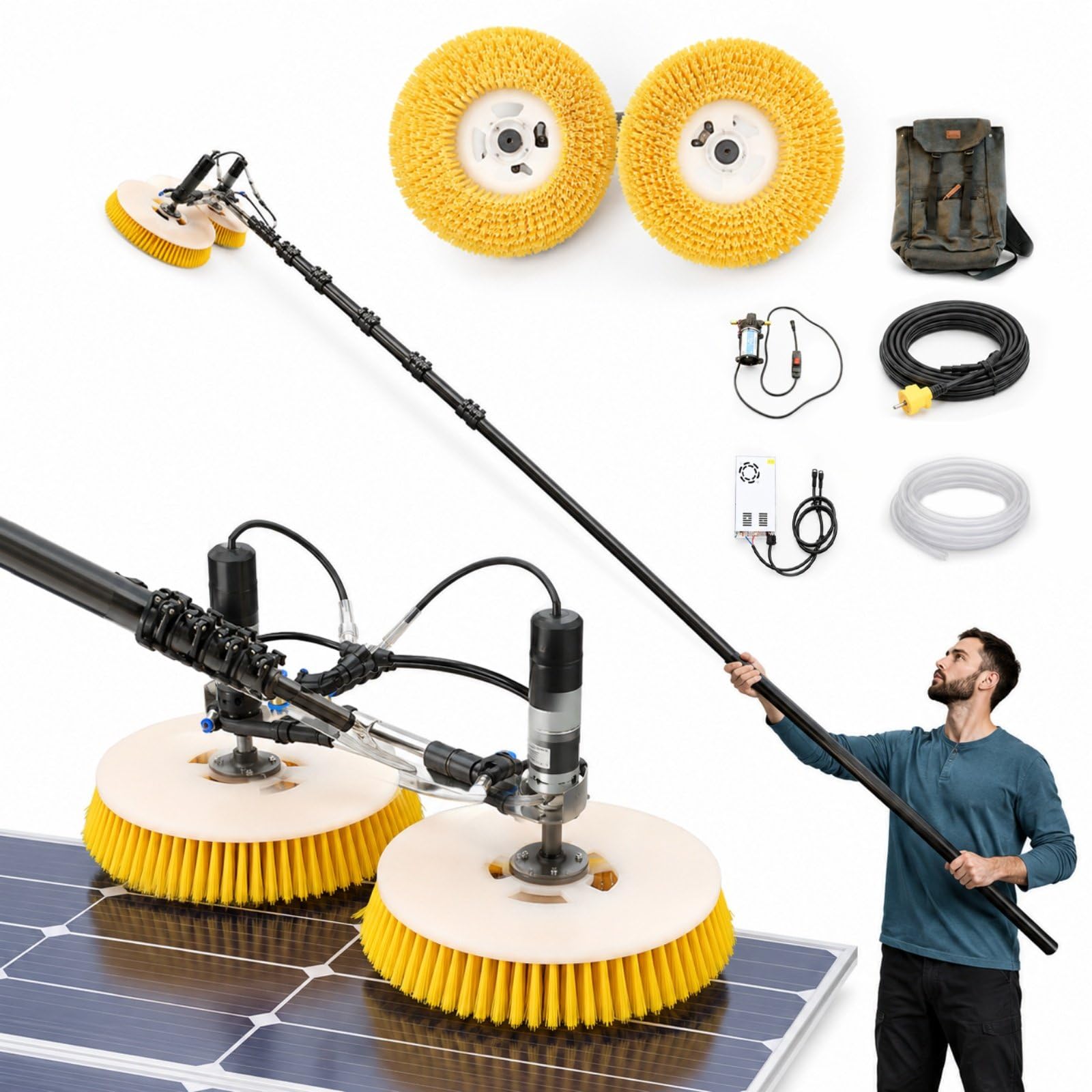 Cepillo Limpieza Panel Solar Doble Cabezal, Cepillo Motorizado con Anchura de Limpieza 70 cm, Mango Telescópico 5 m/6 m/7 m/8 m/9 m /10 m para Módulos Fotovoltaicos 7m