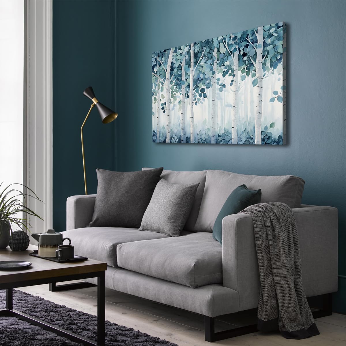CHERHERART Dekoracje ścienne Zimowe drzewa wydruki na płótnie Cichy minimalistyczny obraz ścienny do biura niebieski biały brzozowy las plakat 80 x 130 cm ramka wewnętrzna