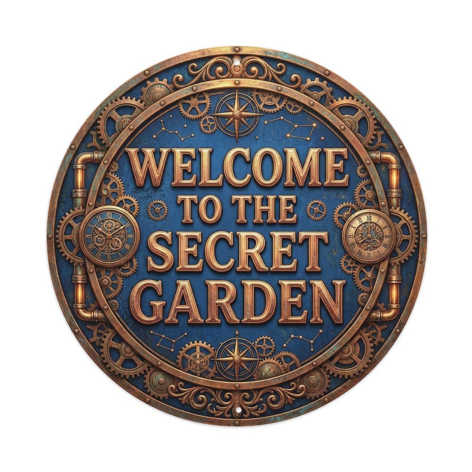 Vintage Welcome Secret Garden Copper Cobalt Antique Metal Tin Sign