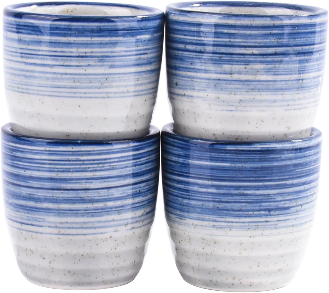 Japanese Porcelain Sake Cup Set of 4, Blue and White Striped Tasting Cups