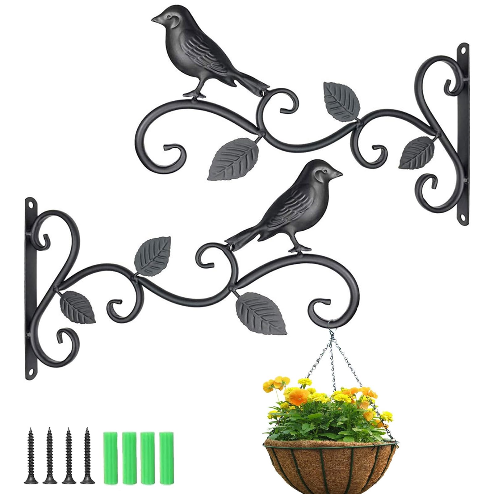 Lot de 2 crochets muraux noirs pour plantes, mangeoires, jardinières et lanternes