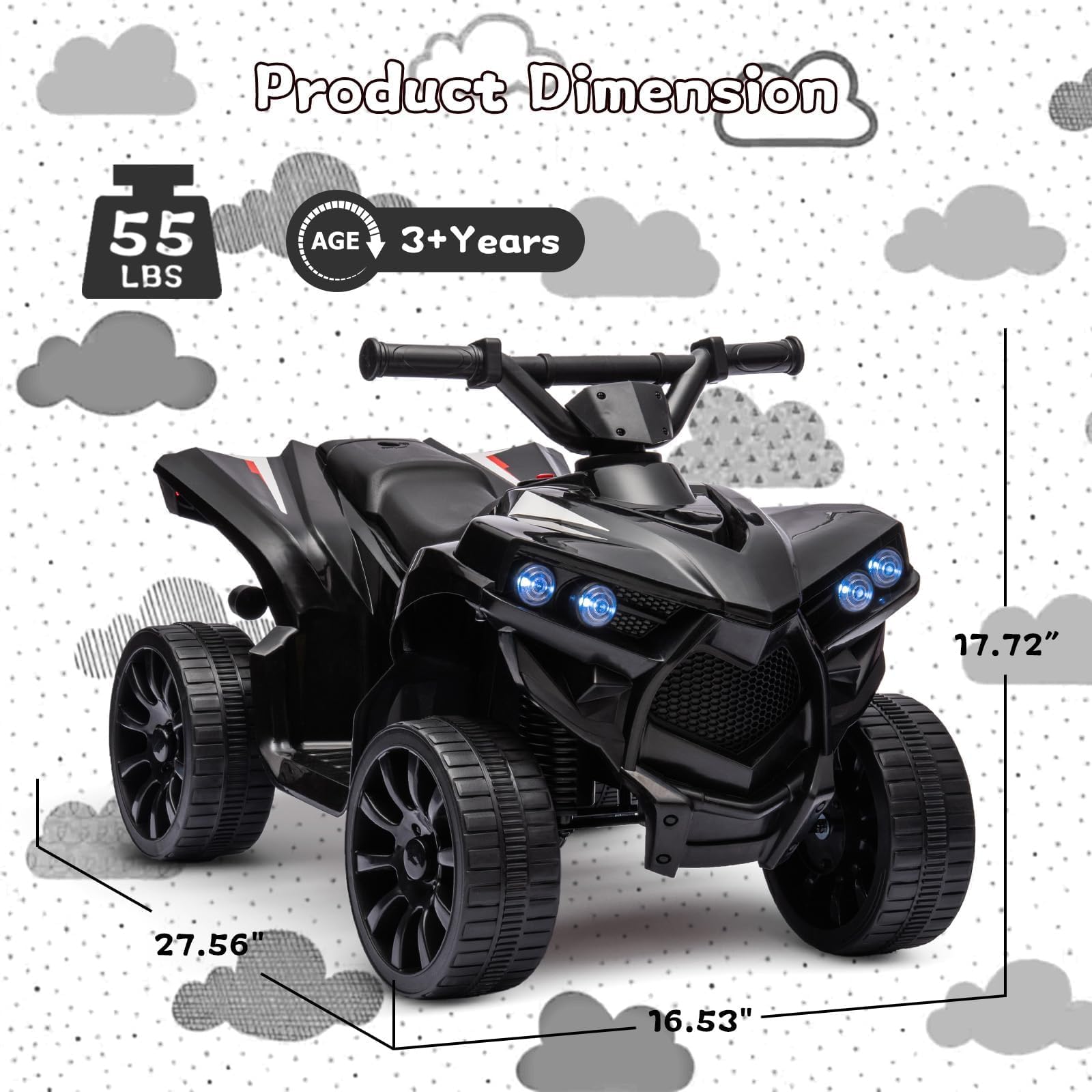 Quad Eléctrico para Niños 6V, Quad para Niños De 3-5 Años, con 2 Motores, Velocidad Ajustable 3-6Km/h, Faros, Bocina, Música, USB, Avance y Retroceso