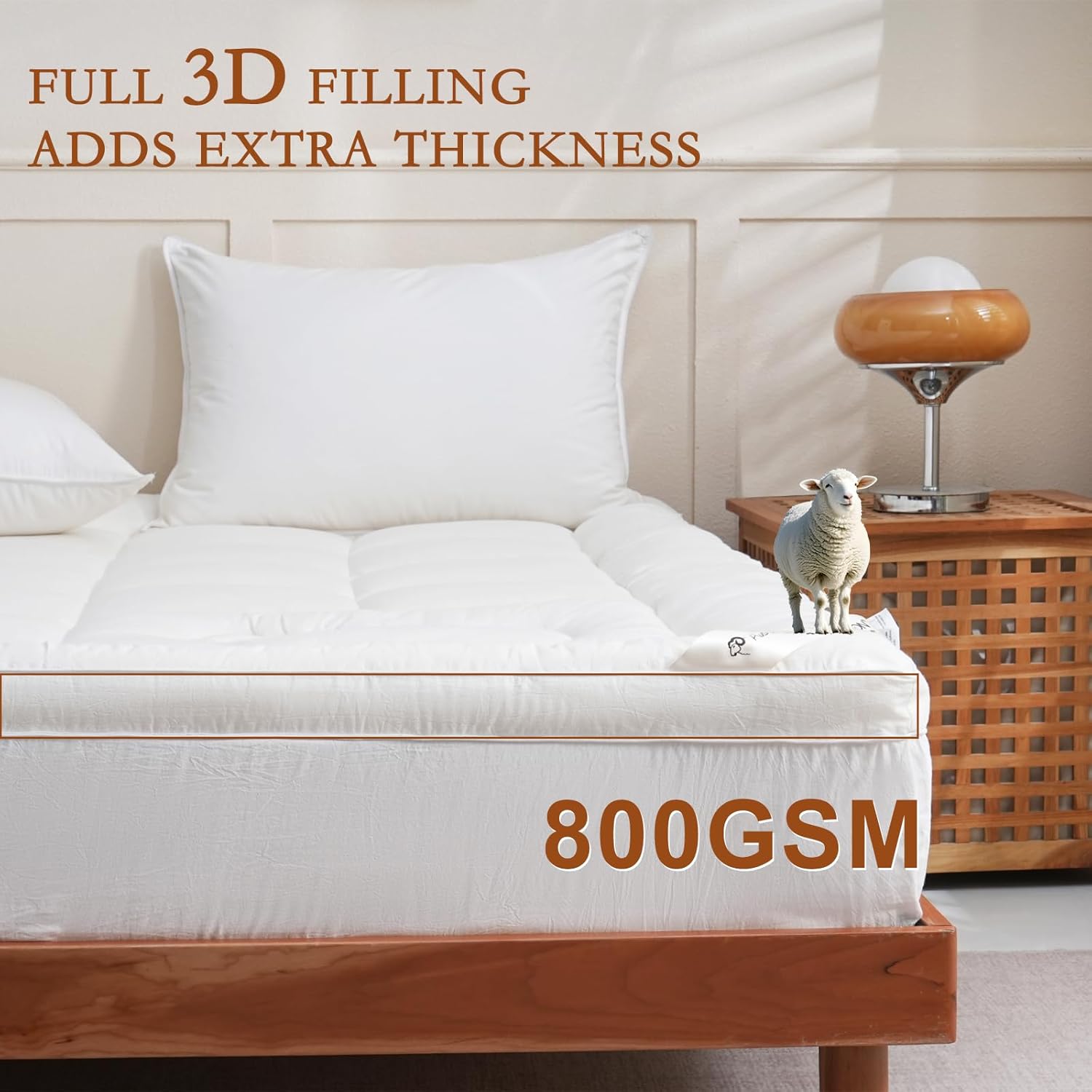 YOUR MOON 100% Organic Wool Mattress Topper Queen Size, 800GSM Natural Wool Filling, Thick Pillow Top Mattress Pad, Back Pain Relief Bed Topper with Cotton Cover, 16" Deep Pocket, 60"x80" (White)