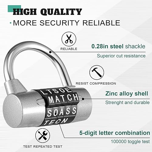Miniatura 3 de Shimeyao Cerradura de combinación de 5 letras de metal, cerradura de 5 dígitos, cerradura de 5 dígitos, resistente para gimnasio, sin llave, candado