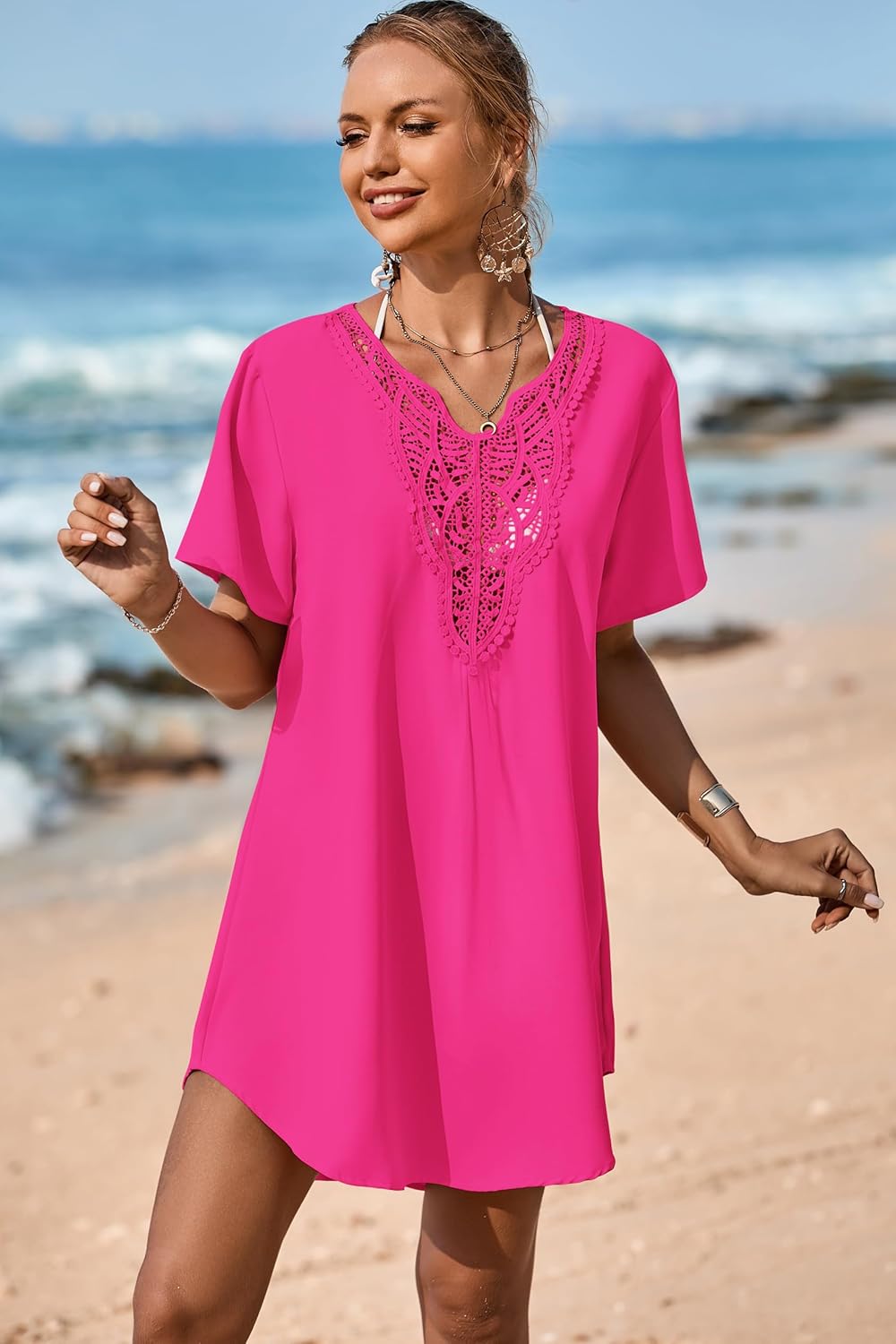 Supnier Women's Bathing Suit Cover Up Dress Lace Crochet V Neck Summer Beach Bikini Swimsuit Coverup - Image 3