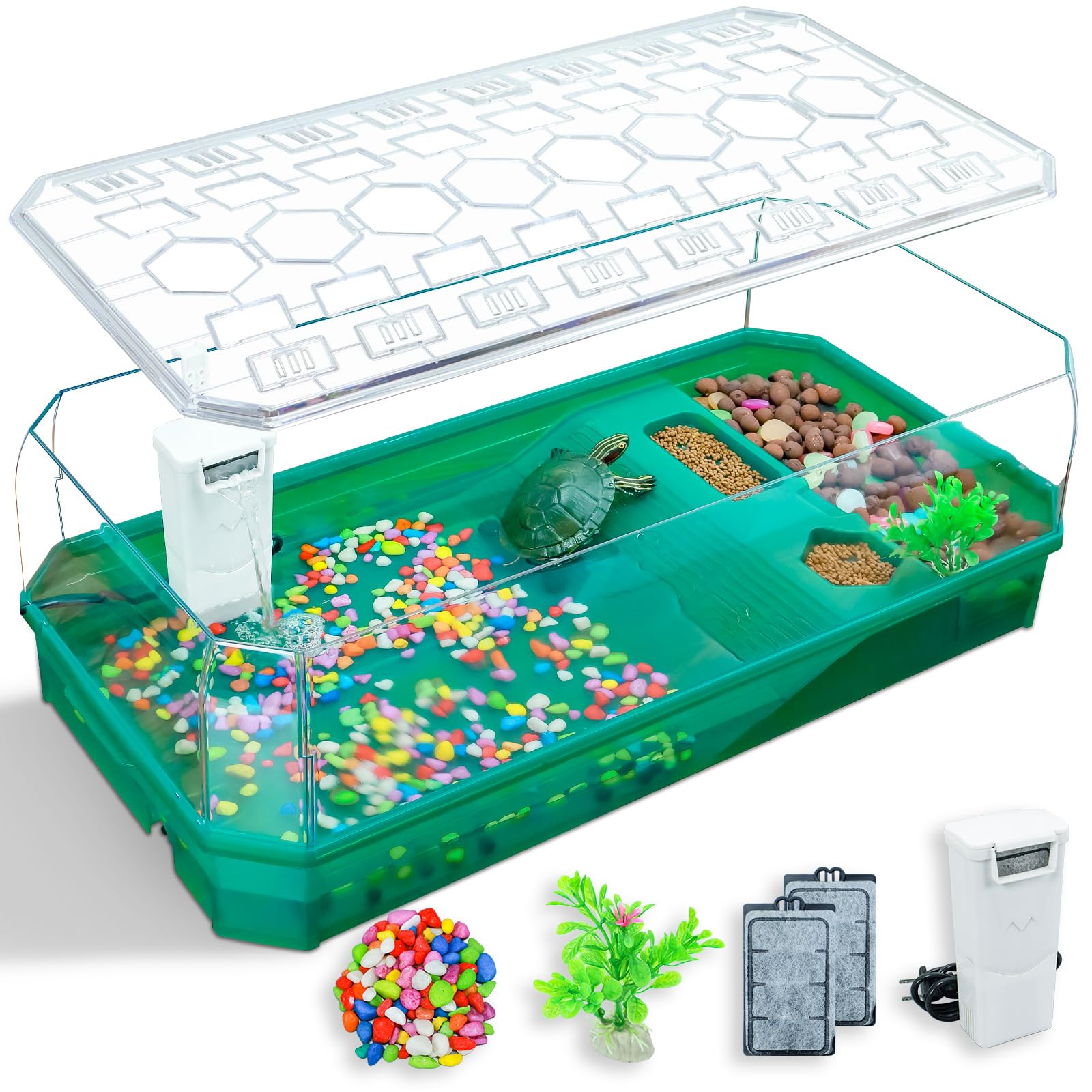 Aquatic Turtle Tank Habitat Kit Stone+Filter+Heat Lamp Enhancing Interaction with 360° Viewing, Standalone Filtration, DIY Creative Zone, Enriched Living (Green, XL[Without Light])