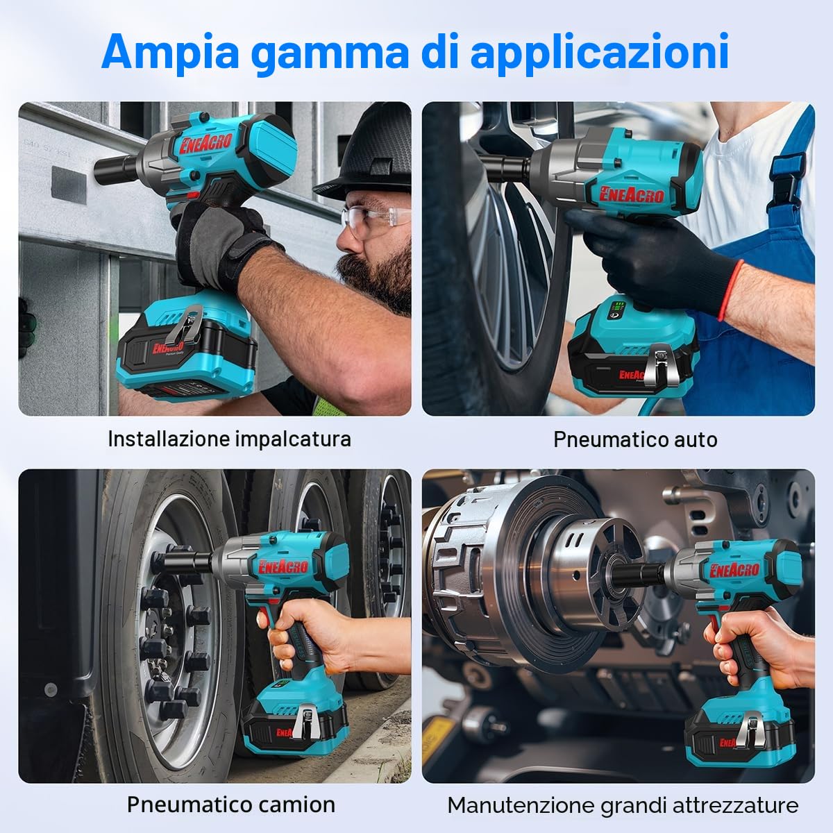 ENEACRO Avvitatore a Impulsi Senza Fili 20V, Coppia Elevata 1/2 Pollice 1000 N.m, Avvitatore Brushless con 3 Modalità di Velocità, Luce LED, Batteria da 4000mAh Caricatore Rapido e Accessori