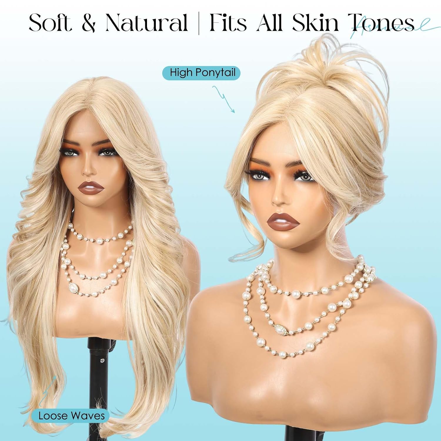 Long Lace Front Wavy Wig for Women, T Part Glueless Synthetic Wigs 26 Inch Layered Wigs for Daily Use Light Blonde Color