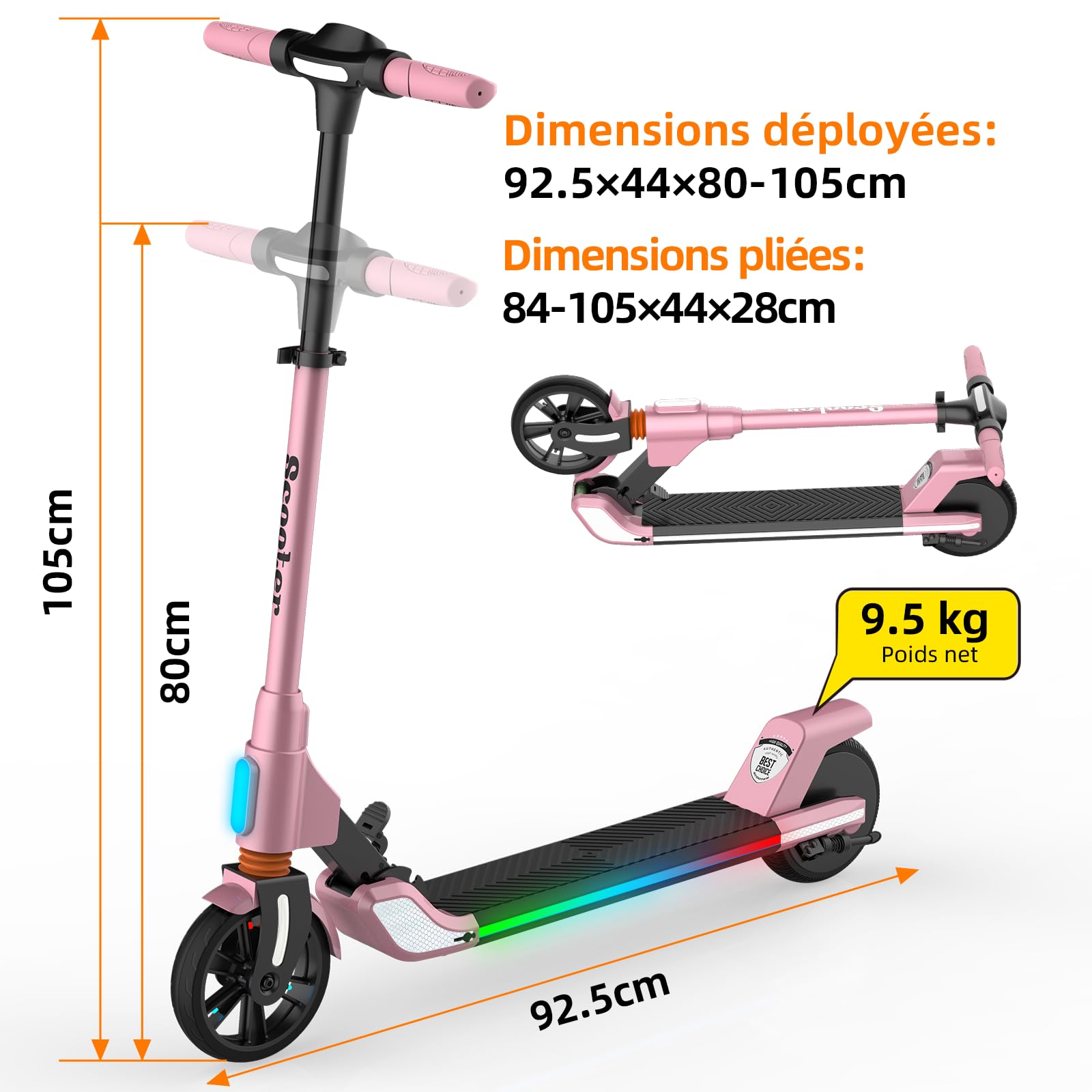 Trottinette Électrique pour Enfants avec Moteur sans Balais 200W, Autonomie 8–13 km, Double Système de Freinage, Réglable en Hauteur et Pliable, Éclairage LED pour Adolescents