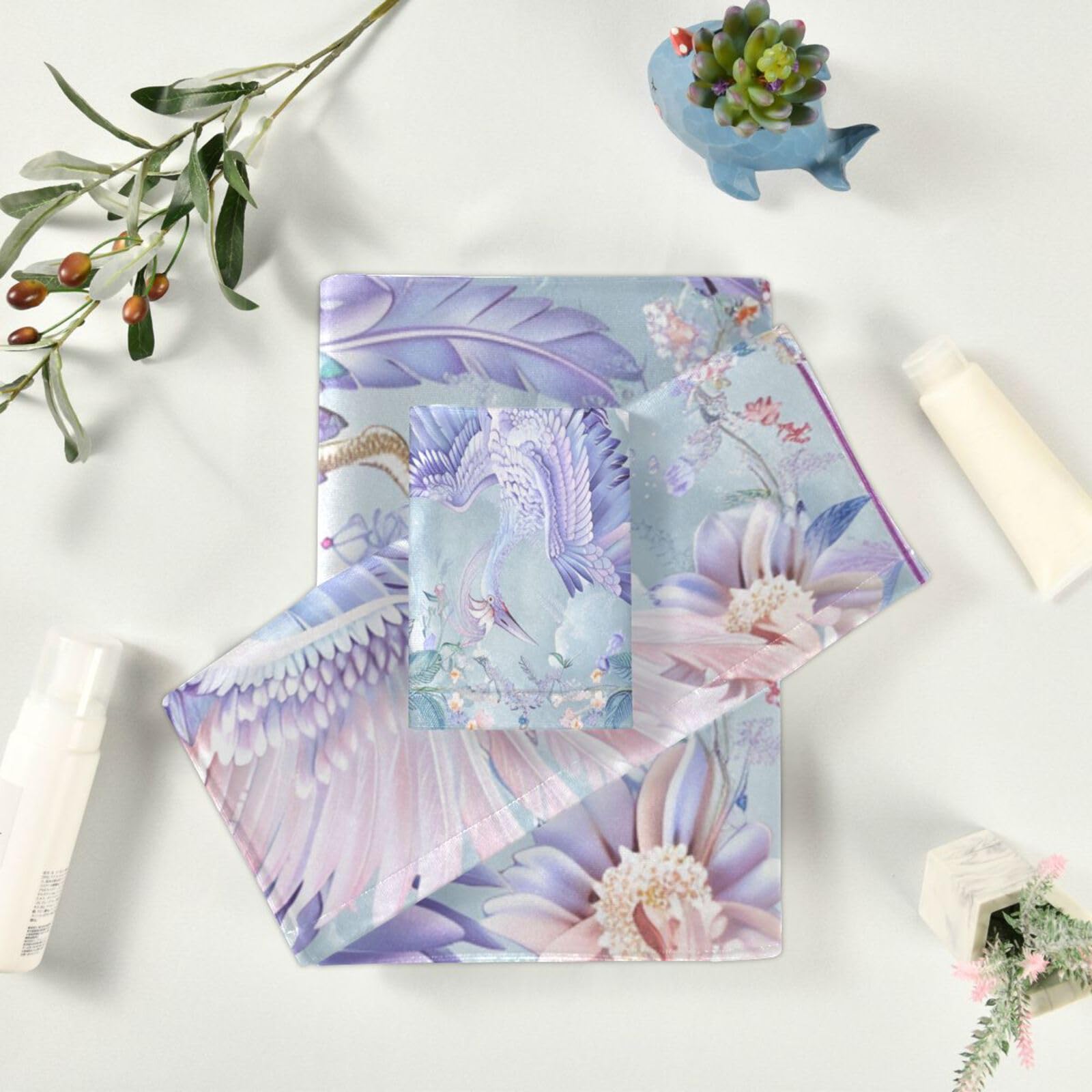 Set di 3 asciugamani morbidi in stile bohémien con fiori e gru viola, 1 asciugamano da bagno, 1 asciugamano per le mani, 1 panno per la casa, cucina e famiglia