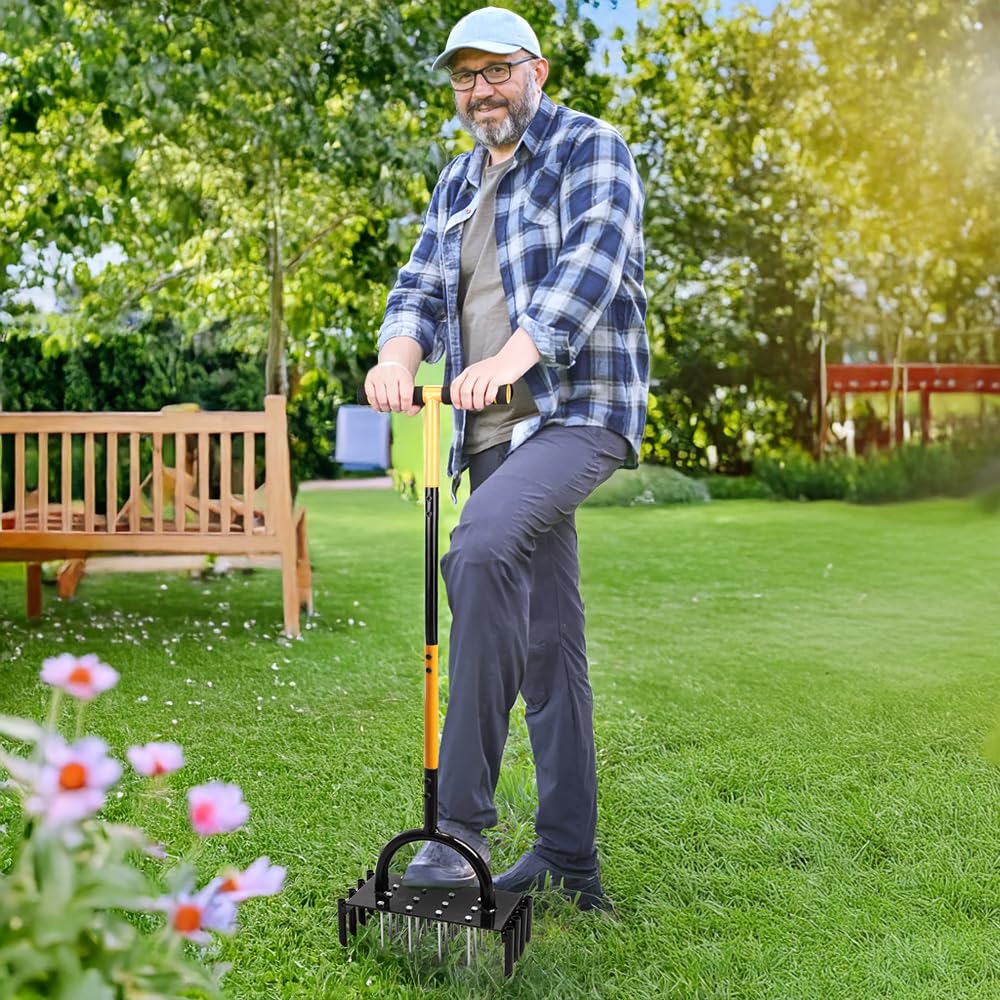 2-in-1 Rasenlüfter und Aerifizierer für Rasen mit 16 Nägeln und 8 hohlen Schlitzen, T-Griff, Rasenbelüfter für Garten