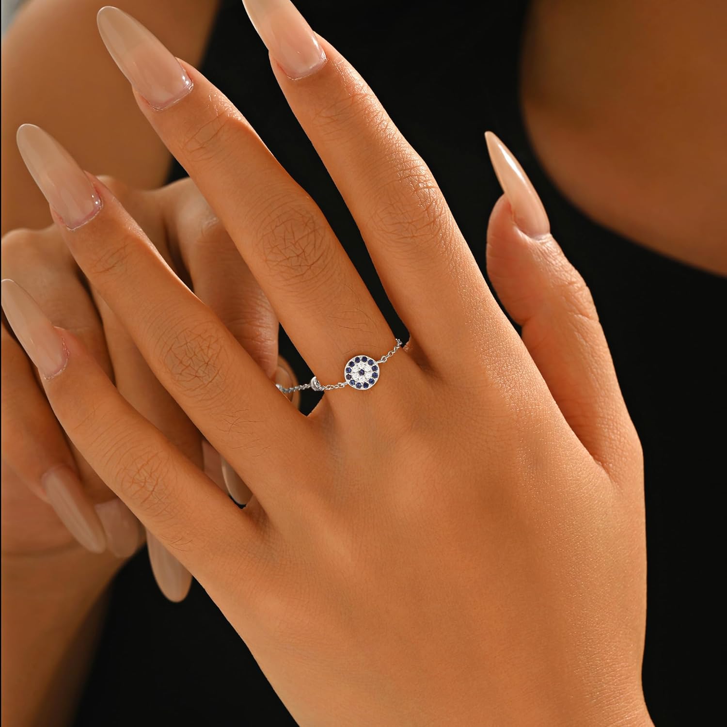 925 Sterling Silver Evil Eye Dangling Charm Fidget Rings with Bead for Women 14k Gold Plated Blue Cubic Zirconia Adjustable Tassel Chain Ring Sacking Finger Statment Ring Jewelry Gifts - Image 3