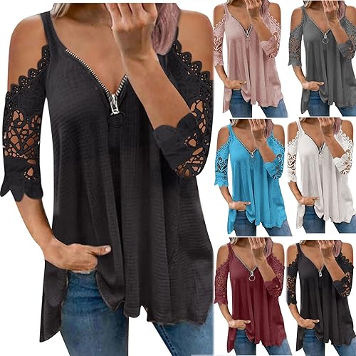 Women Summer Cold Shoulder Tee Shirts Sexy Short Sleeve Zipper V Neck Tshirt Tops Trendy Casual Loose Fit Blouse