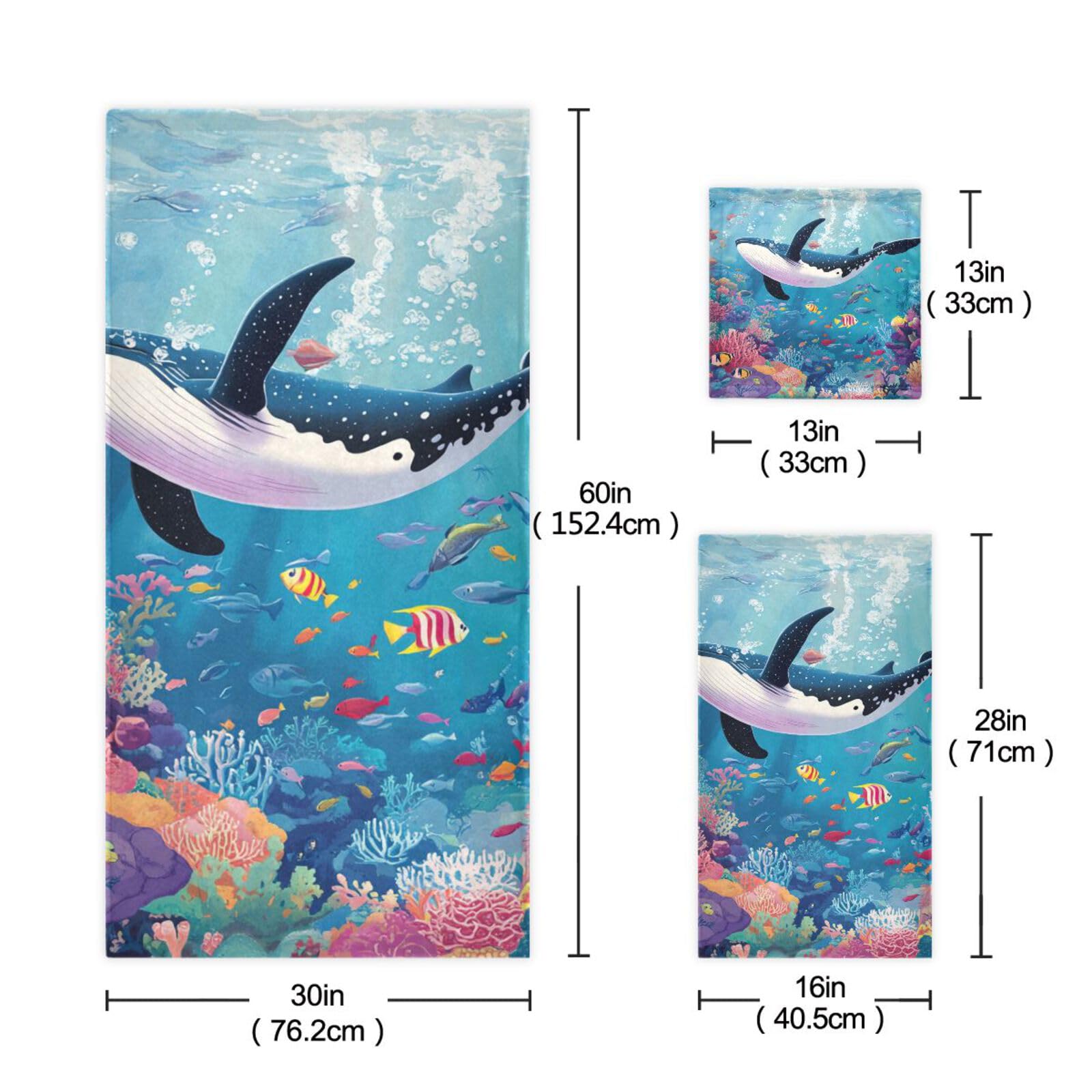 Gesichtshandtücher-Set, Motiv: Walfisch, Cartoon, Meerestiere, schnell trocknend, 3-teilig, 1 Badetuch, 1 Handtuch, 1 Waschlappen für Badezimmer und Küche