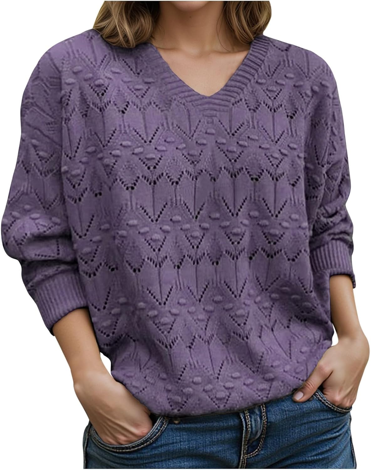 Womens V Neck Long Sleeve Shirts Fall Fashion Tops Tunic Dressy Casual Sweater Eyelet Clothes Trendy Work Outfits