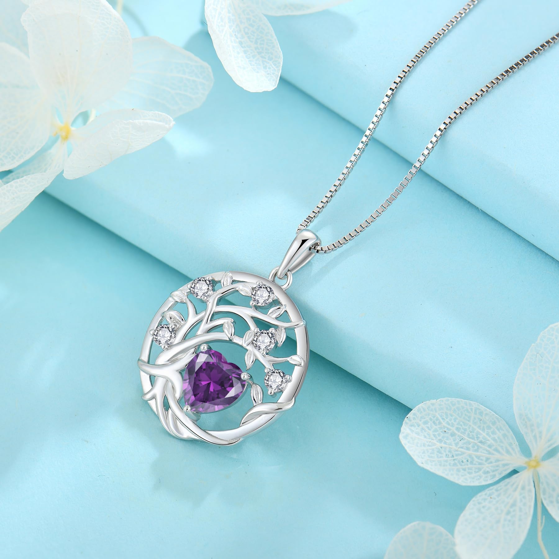 FJ Lebensbaum Kette Damen 925 Sterling Silber Baum des Lebens Halskette Anhänger Geburtsstein Schmuck Geschenke für Frauen
