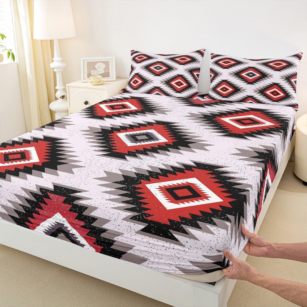 Kids Southwest Native American Design Fitted Sheet Queen Size Red Grey Geometric Bed Sheet Set for Boys Girls Teens Bedroom Decor Tribal Bedding Set Set Women Men Bed Cover with 2 Pillow Case