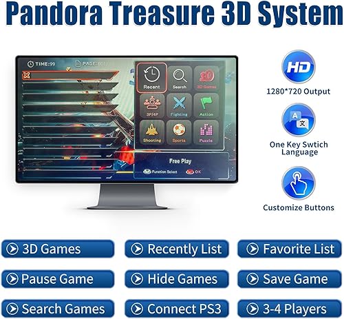 Miniatura 2 de 28890 Games 3D Pandora Box Arcade Game Consola, máquina de videojuegos retro para proyector de TV PC, salida HD de 1280 x 720,